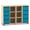 Flexeo Regal, Ahorn honig, 4 Reihen, 8 große Boxen in blau, 6 Fächer mittig, HxBxT: 92,3 x 130,7 x 40,8 cm, Rollen