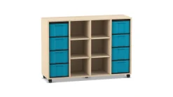 Flexeo Regal, Ahorn honig, 4 Reihen, 8 große Boxen in blau, 6 Fächer mittig, HxBxT: 92,3 x 130,7 x 40,8 cm, Rollen