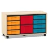 Flexeo® Regal Ahorn honig, 3 Reihen, 2 große Boxen, 8 kleine Boxen, bunt, Rollen