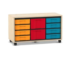 Flexeo® Regal Ahorn honig, 3 Reihen, 2 große Boxen, 8 kleine Boxen, bunt, Rollen