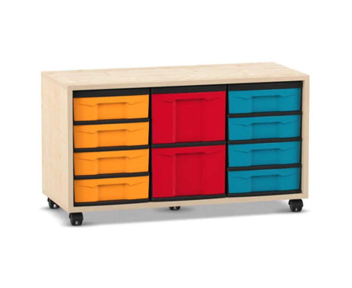 Flexeo® Regal Ahorn honig, 3 Reihen, 2 große Boxen, 8 kleine Boxen, bunt, Rollen