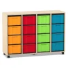 Flexeo® Regal Ahorn honig, 4 Reihen, HxBxT: 92,3 x 130,7 x 40,8 cm, 16 große Boxen, bunt, Rollen