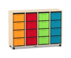 Flexeo® Regal Ahorn honig, 4 Reihen, HxBxT: 92,3 x 130,7 x 40,8 cm, 16 große Boxen, bunt, Rollen