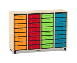 Flexeo® Regal Ahorn honig, 4 Reihen, 32 kleine Boxen, bunt, Rollen