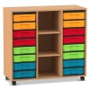 Flexeo Regal, Buche dunkel, 3 Reihen, 2 Fachböden, 16 kleine Boxen bunt, Rollen, Höhe 92,3 cm