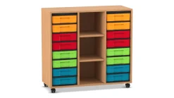 Flexeo Regal, Buche dunkel, 3 Reihen, 2 Fachböden, 16 kleine Boxen bunt, Rollen, Höhe 92,3 cm