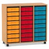 Flexeo Regal, Buche dunkel, 3 Reihen, 24 kleine Boxen bunt, Rollen, Höhe 92,3 cm