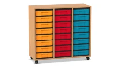 Flexeo Regal, Buche dunkel, 3 Reihen, 24 kleine Boxen bunt, Rollen, Höhe 92,3 cm