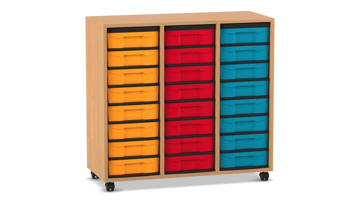 Flexeo Regal, Buche dunkel, 3 Reihen, 24 kleine Boxen bunt, Rollen, Höhe 92,3 cm