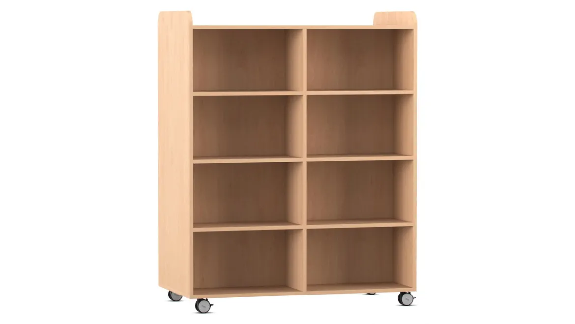 Flexeo® Regal, Buche hell, beidseitig je 6 Fachböden, BxHxT 126,4x158,6x66,8 cm, Rollen