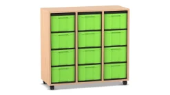 Flexeo® Regal Buche hell, HxBxT: 92,3 x 98,6 x 40,8 cm, 3 Reihen, 12 große Boxen, grün, Rollen