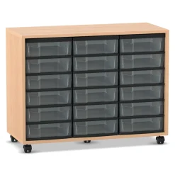 Flexeo® Regal, Buche hell mit 3 Reihen, Boxen transparent, Rollen, HxBxT: 72,8x94,8x40,8 cm