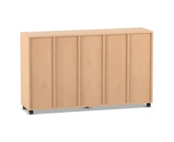 Flexeo Regal, Buche hell, 5 Reihen, 5 Fächer, 10 große Boxen grün, mit Rollen