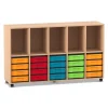 Flexeo Regal, Buche hell, 5 Reihen, 5 Fächer, 20 kleine Boxen bunt, HxBxT: 98 x 162,8 x 40,8 cm, Rollen