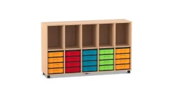 Flexeo Regal, Buche hell, 5 Reihen, 5 Fächer, 20 kleine Boxen bunt, HxBxT: 98 x 162,8 x 40,8 cm, Rollen