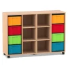 Flexeo Regal, Buche hell, 4 Reihen, 8 große Boxen bunt, 6 Fächer mittig, HxBxT: 92,3 x 130,7 x 40,8 cm, Rollen
