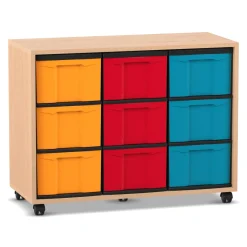 Flexeo® Regal Buche hell, 3 Reihen, 9 große Boxen, bunt, Rollen, HxBxT: 72,8 x 94,8 x 40,8 cm
