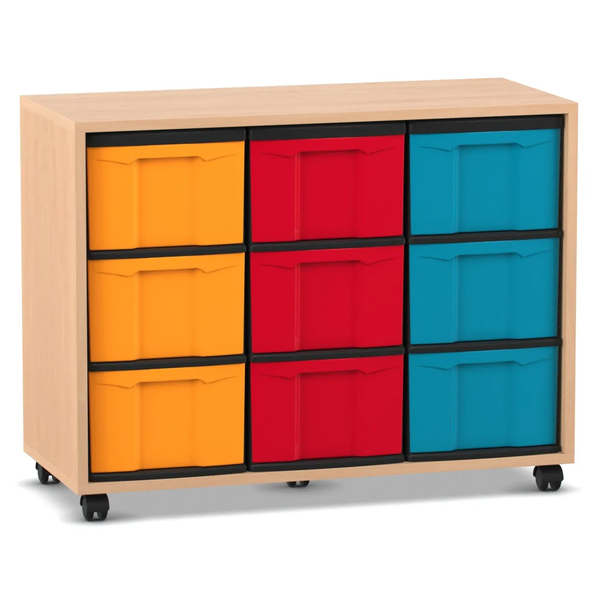 Flexeo® Regal Buche hell, 3 Reihen, 9 große Boxen, bunt, Rollen, HxBxT: 72,8 x 94,8 x 40,8 cm