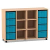 Flexeo Regal, Buche hell, 4 Reihen, 8 große Boxen in blau, 6 Fächer mittig, HxBxT: 92,3 x 130,7 x 40,8 cm, Rollen