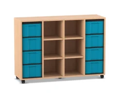 Flexeo Regal, Buche hell, 4 Reihen, 8 große Boxen in blau, 6 Fächer mittig, HxBxT: 92,3 x 130,7 x 40,8 cm, Rollen