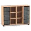Flexeo Regal, Buche hell, 4 Reihen, 8 große Boxen transparent, 6 Fächer mittig, HxBxT: 92,3 x 130,7 x 40,8 cm, Rollen