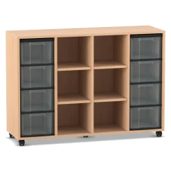 Flexeo Regal, Buche hell, 4 Reihen, 8 große Boxen transparent, 6 Fächer mittig, HxBxT: 92,3 x 130,7 x 40,8 cm, Rollen