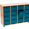 Flexeo Regal, Buche hell, 4 Reihen, 16 große treeNside Boxen blau, HxBxT 93x131x41 cm, Rollen