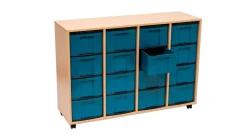 Flexeo Regal, Buche hell, 4 Reihen, 16 große treeNside Boxen blau, HxBxT 93x131x41 cm, Rollen