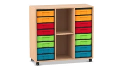 Flexeo Regal Buche hell, 3 Reihen, HxBxT 92,3x98,6x40,8 cm, 16 kleine Boxen bunt, Rollen