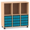 Flexeo Regal Buche hell, 3 Reihen, 12 kleine Boxen blau, 3 Fächer oben, Stellfüße