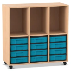 Flexeo Regal Buche hell, 3 Reihen, 12 kleine Boxen blau, 3 Fächer oben, Stellfüße