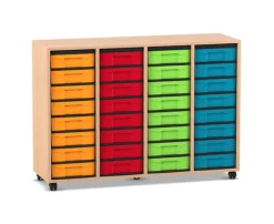 Flexeo® Regal Buche hell, 4 Reihen, 32 kleine Boxen, bunt, Rollen