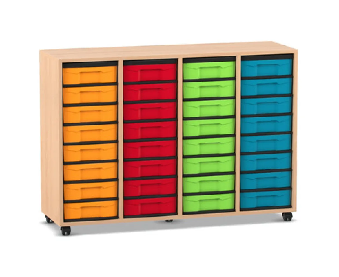 Flexeo® Regal Buche hell, 4 Reihen, 32 kleine Boxen, bunt, Rollen