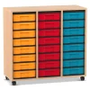 Flexeo Regal, Buche hell, 3 Reihen, 24 kleine Boxen bunt, Rollen, HxBxT: 92,3x98,6x40,8 cm