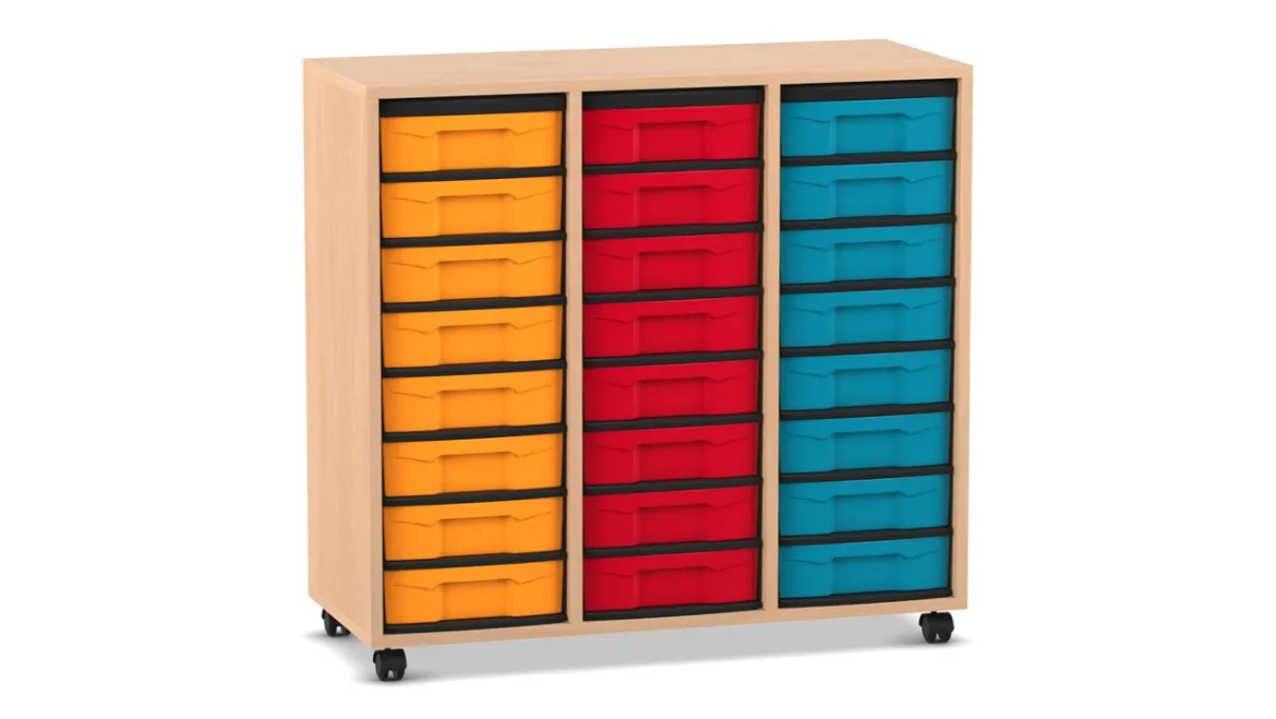 Flexeo Regal, Buche hell, 3 Reihen, 24 kleine Boxen bunt, Rollen, HxBxT: 92,3x98,6x40,8 cm