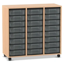 Flexeo Regal, Buche hell, 3 Reihen, 24 kleine Boxen transparent, Rollen, HxBxT: 92,3x98,6x40,8 cm