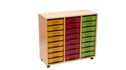 Flexeo Regal Buche hell, 3 Reihen, 24 kleine treeNside Boxen bunt, Rollen