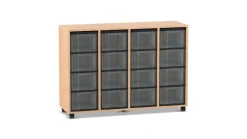 Flexeo Regal, Buche hell, 4 Reihen, 16 transparente große Boxen, B 130,7 x H 92,3 x T 40,8 cm, Sockel