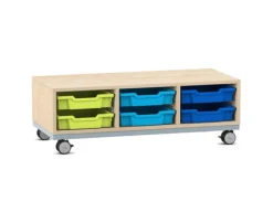 Flexeo Regale Pro mit Stahlrahmen, Ahorn honig, 6 flachen Boxen, bunt B, Rollen