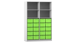 Flexeo® Regal, grau, HxBxT: 190x126,4x58 cm, 4 Reihen, 20 große Boxen grün, 4 Fächer oben
