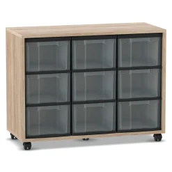 Flexeo Regal mit 9 großen Boxen transparent, Dekor Eiche natur, HxBxT: 72,8 x 94,8 x 40,8 cm, Rollen