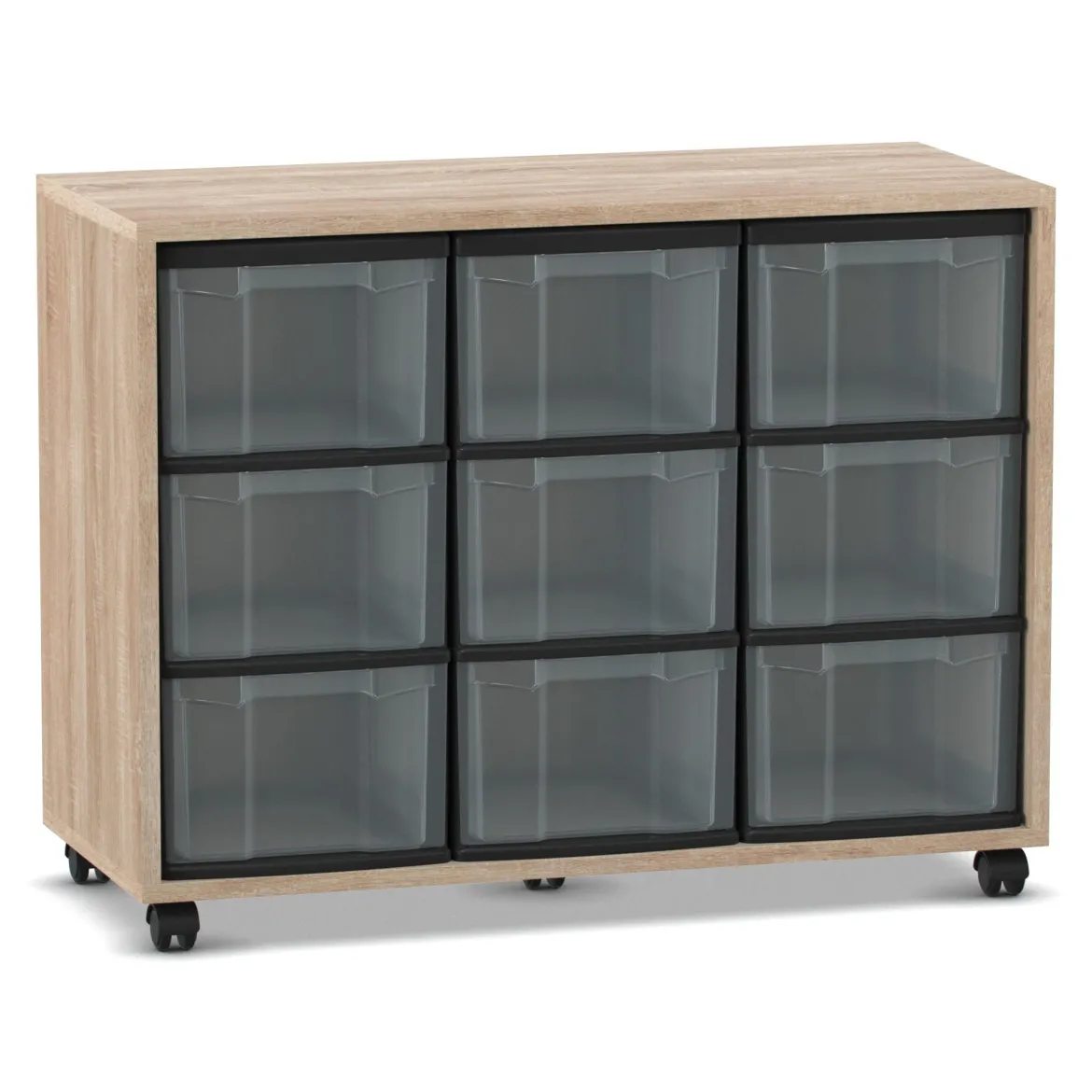 Flexeo Regal mit 9 großen Boxen transparent, Dekor Eiche natur, HxBxT: 72,8 x 94,8 x 40,8 cm, Rollen