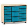 Flexeo® Regal mit 12 kleinen und 3 großen Boxen in blau, Ahorn honig, Rollen