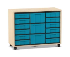 Flexeo® Regal mit 12 kleinen und 3 großen Boxen in blau, Ahorn honig, Rollen
