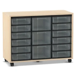 Flexeo® Regal mit 12 kleinen und 3 großen Boxen transparent, Ahorn honig, Rollen