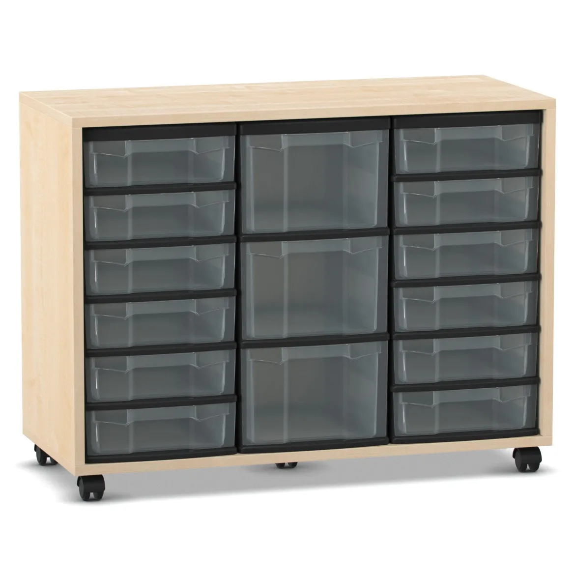 Flexeo® Regal mit 12 kleinen und 3 großen Boxen transparent, Ahorn honig, Rollen