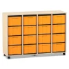 Flexeo Regal mit 4 Reihen, Ahorn Honig, HxBxT: 92,3 x 130,7 x 40,8 cm, Rollen, 16 hohe Schubladen gelb