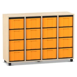 Flexeo Regal mit 4 Reihen, Ahorn Honig, HxBxT: 92,3 x 130,7 x 40,8 cm, Rollen, 16 hohe Schubladen gelb