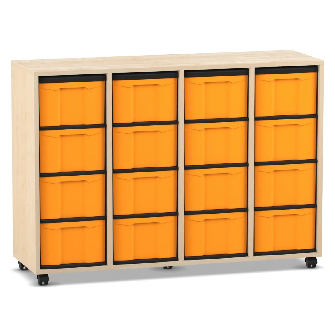 Flexeo Regal mit 4 Reihen, Ahorn Honig, HxBxT: 92,3 x 130,7 x 40,8 cm, Rollen, 16 hohe Schubladen gelb
