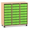 Flexeo Regal mit 3 Reihen, Buche hell, Rollen, 24 Boxen grün, HxBxT: 92,3x98,6x40,8 cm